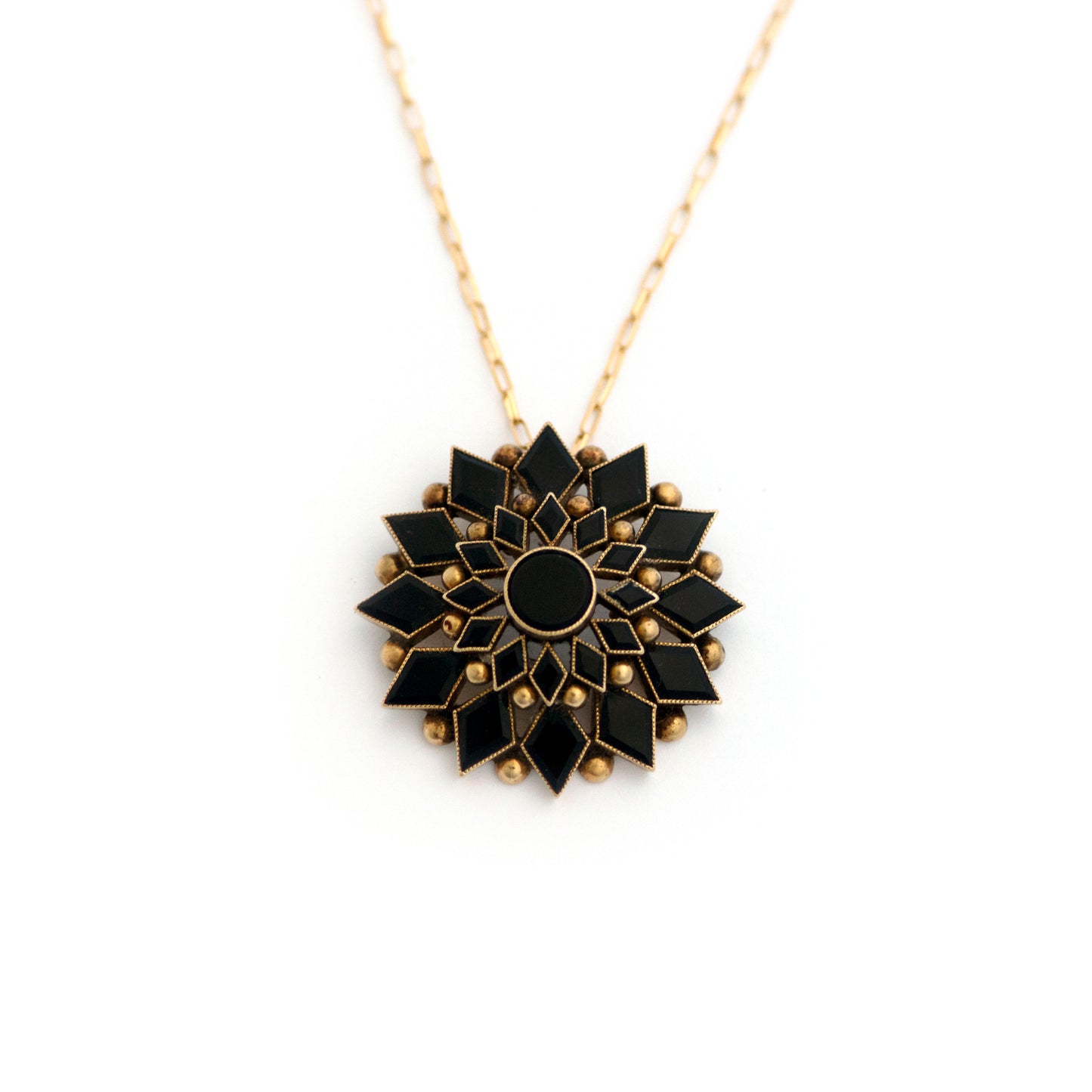 14k Gold Black Onyx Mourning Brooch Necklace