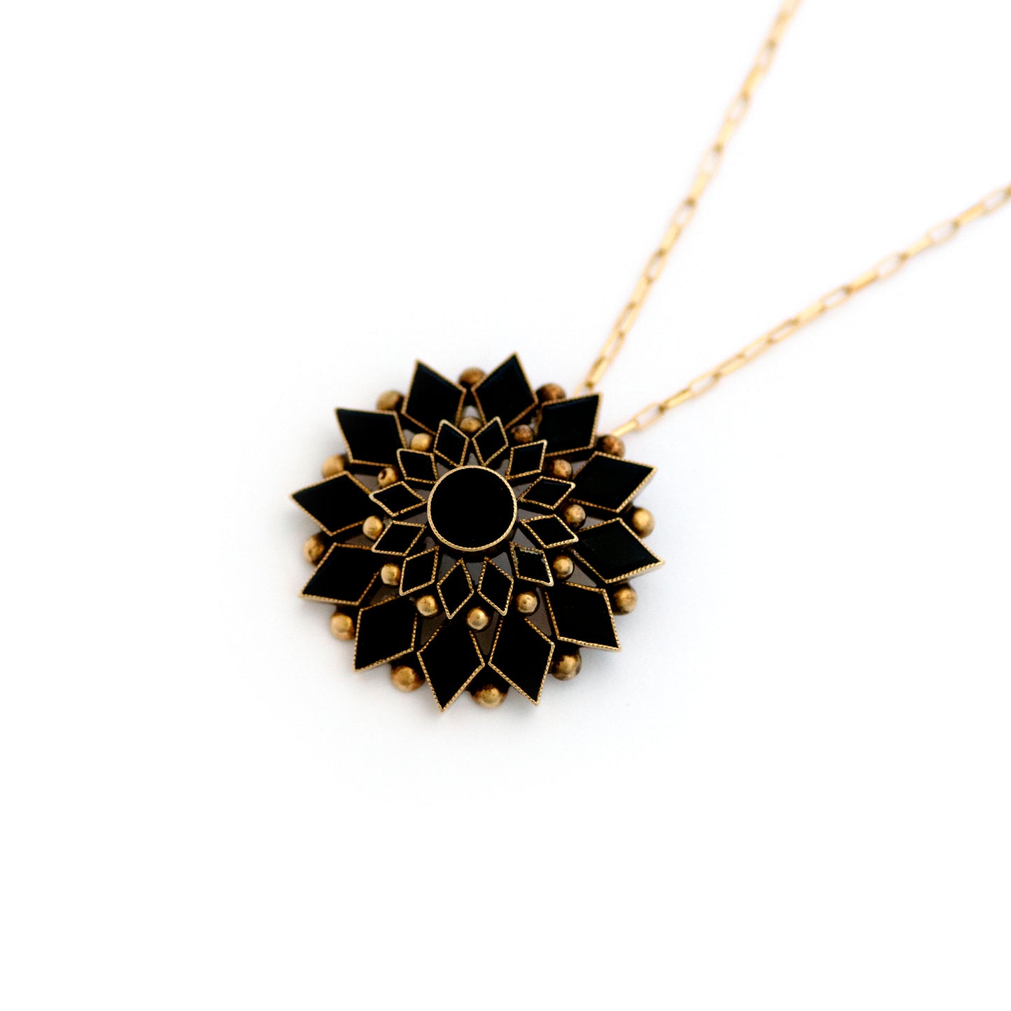 14k Gold Black Onyx Mourning Brooch Necklace