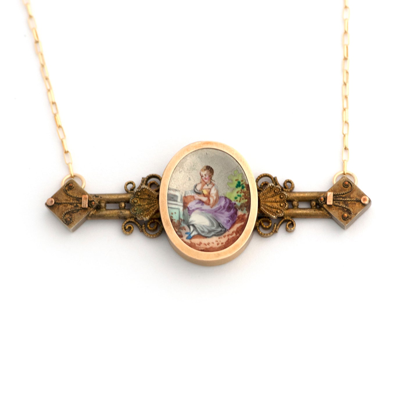 Etruscan Revival Painted Lady Porcelain Bar Pin Necklace