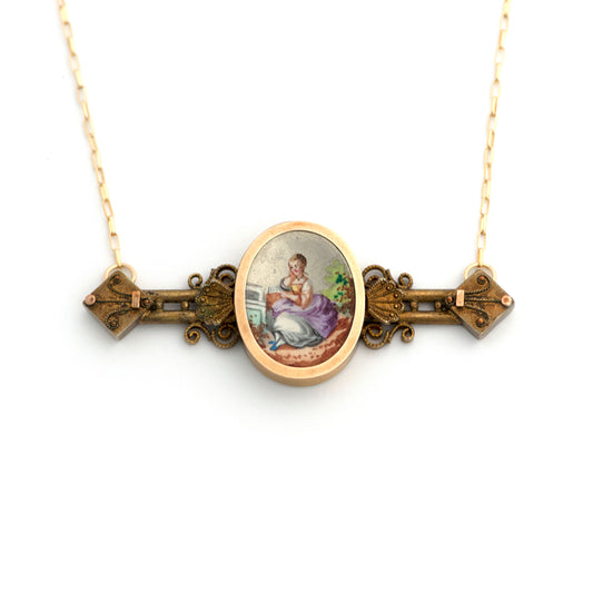 Etruscan Revival Painted Lady Porcelain Bar Pin Necklace