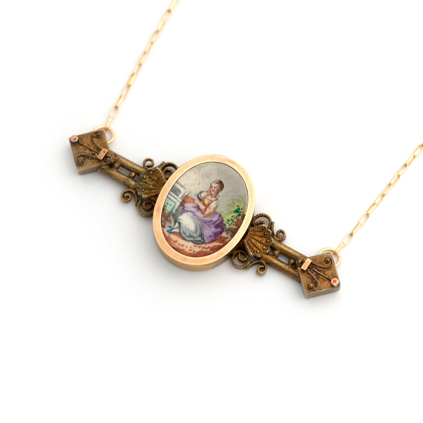 Etruscan Revival Painted Lady Porcelain Bar Pin Necklace