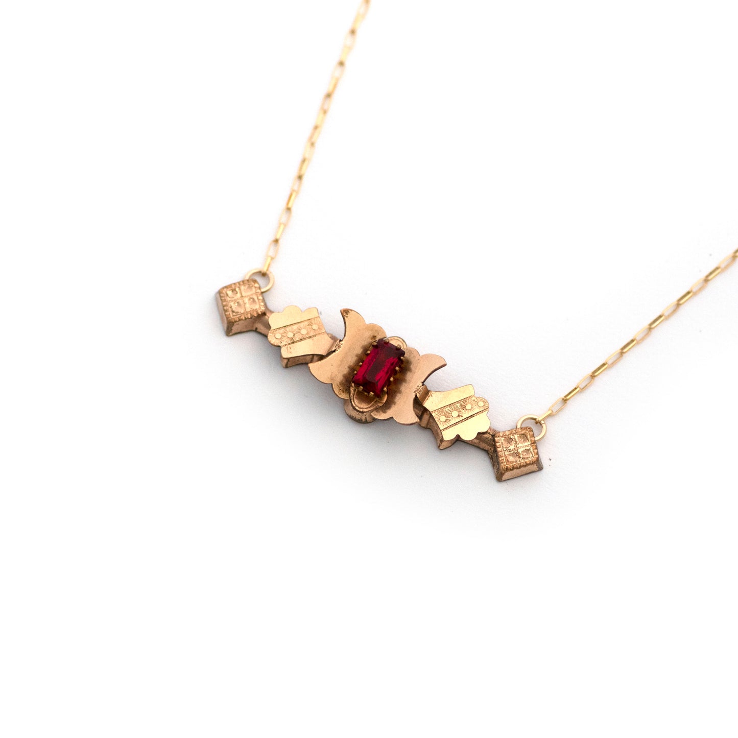 Red Paste Checker Gingham Bar Pin Necklace