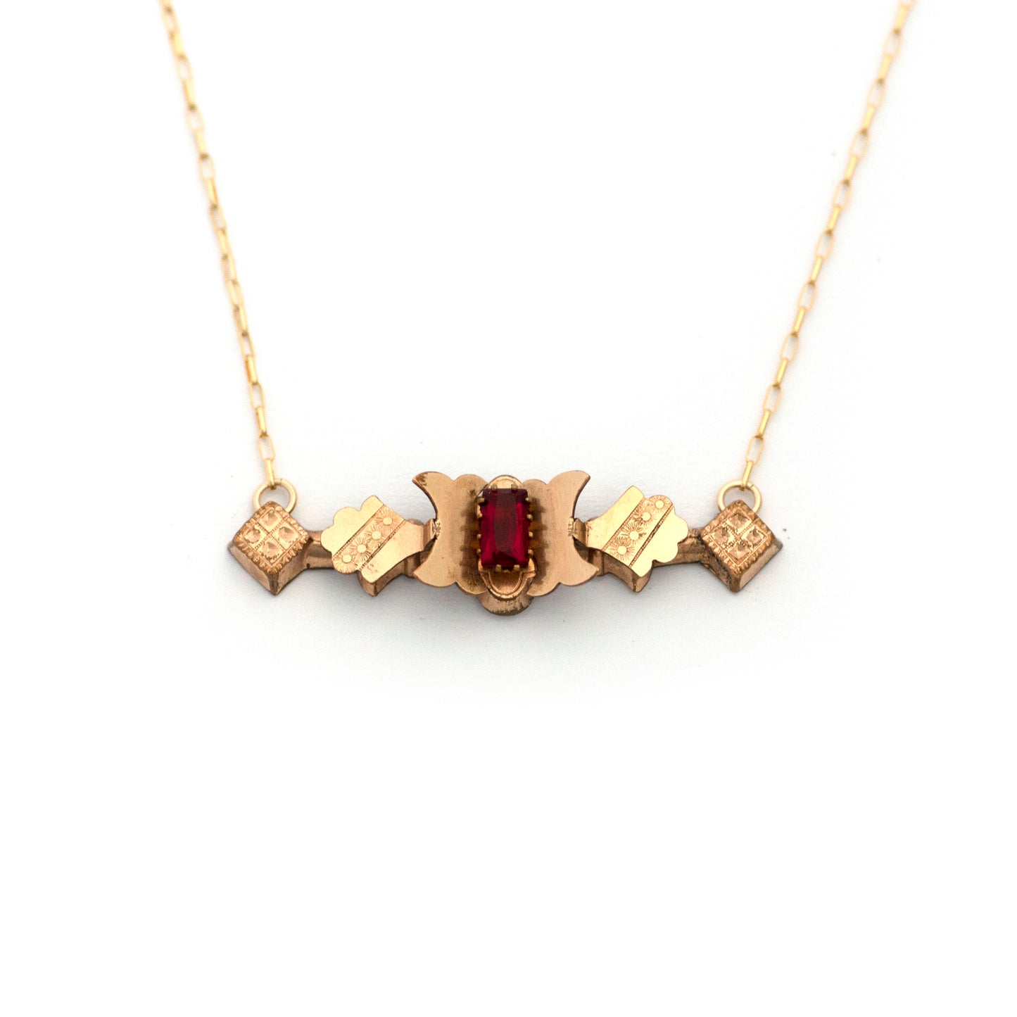 Red Paste Checker Gingham Bar Pin Necklace