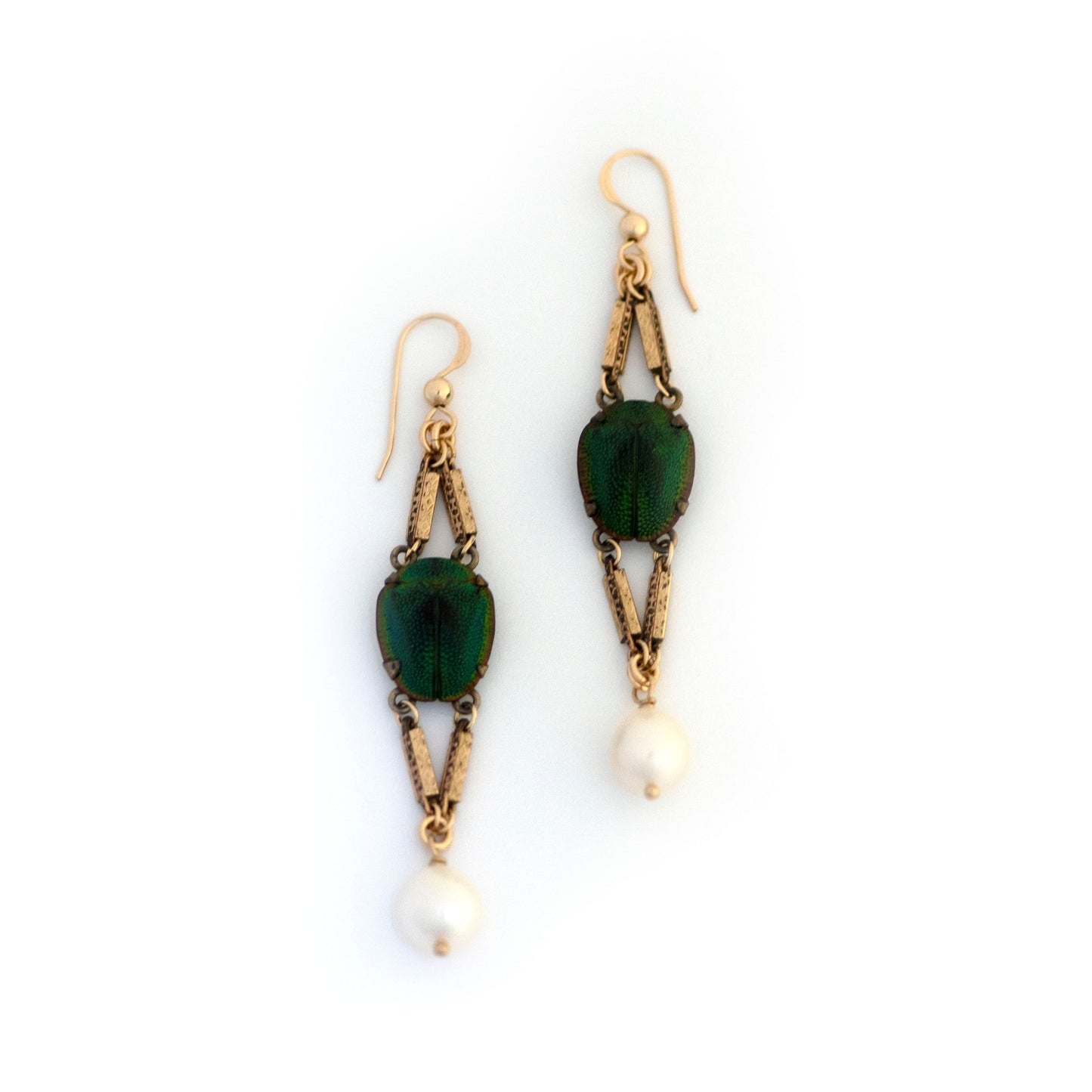 Antique Scarab Beetle Watch Chain Pearl Earrings