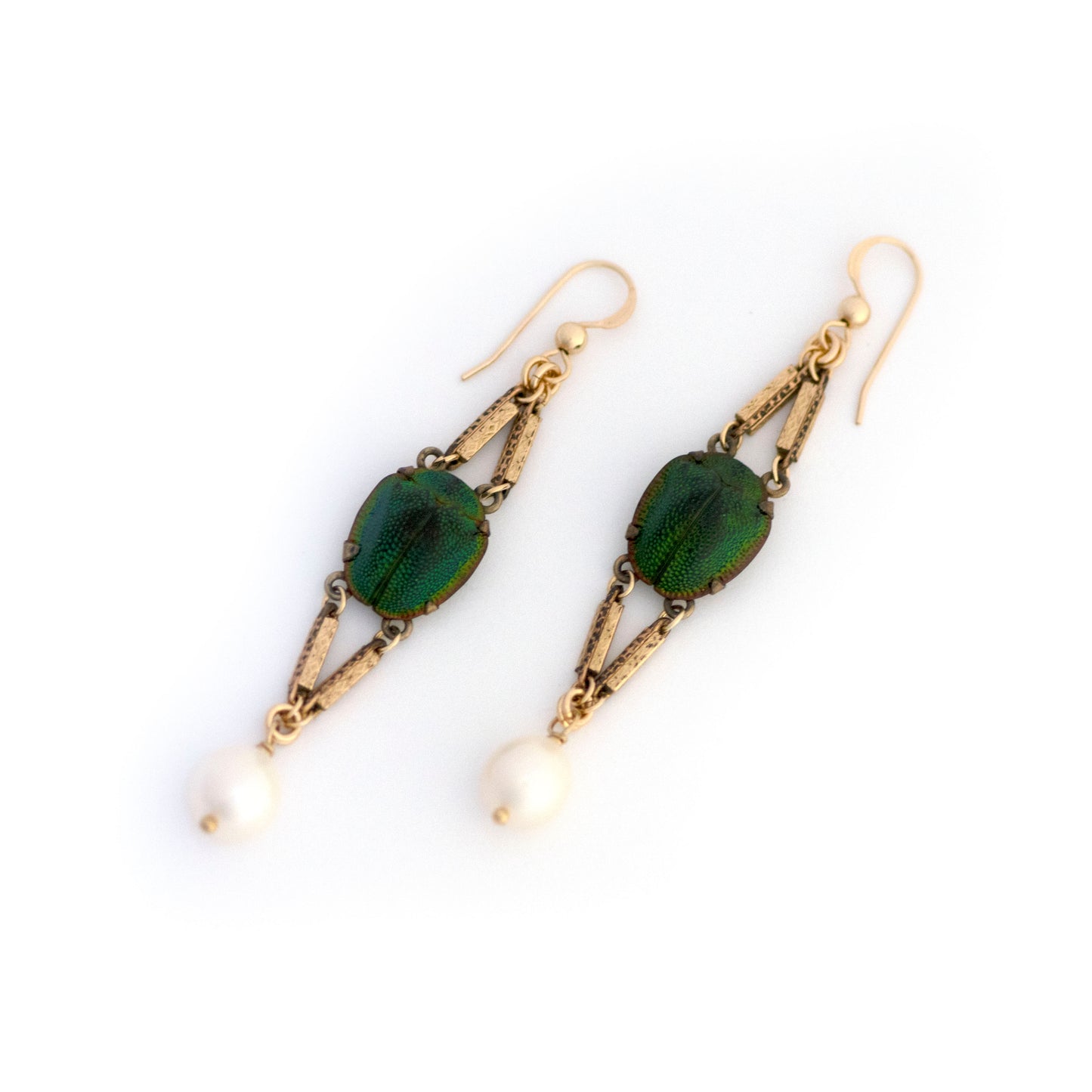 Antique Scarab Beetle Watch Chain Pearl Earrings