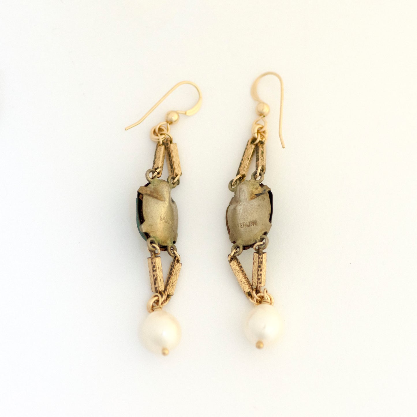 Antique Scarab Beetle Watch Chain Pearl Earrings