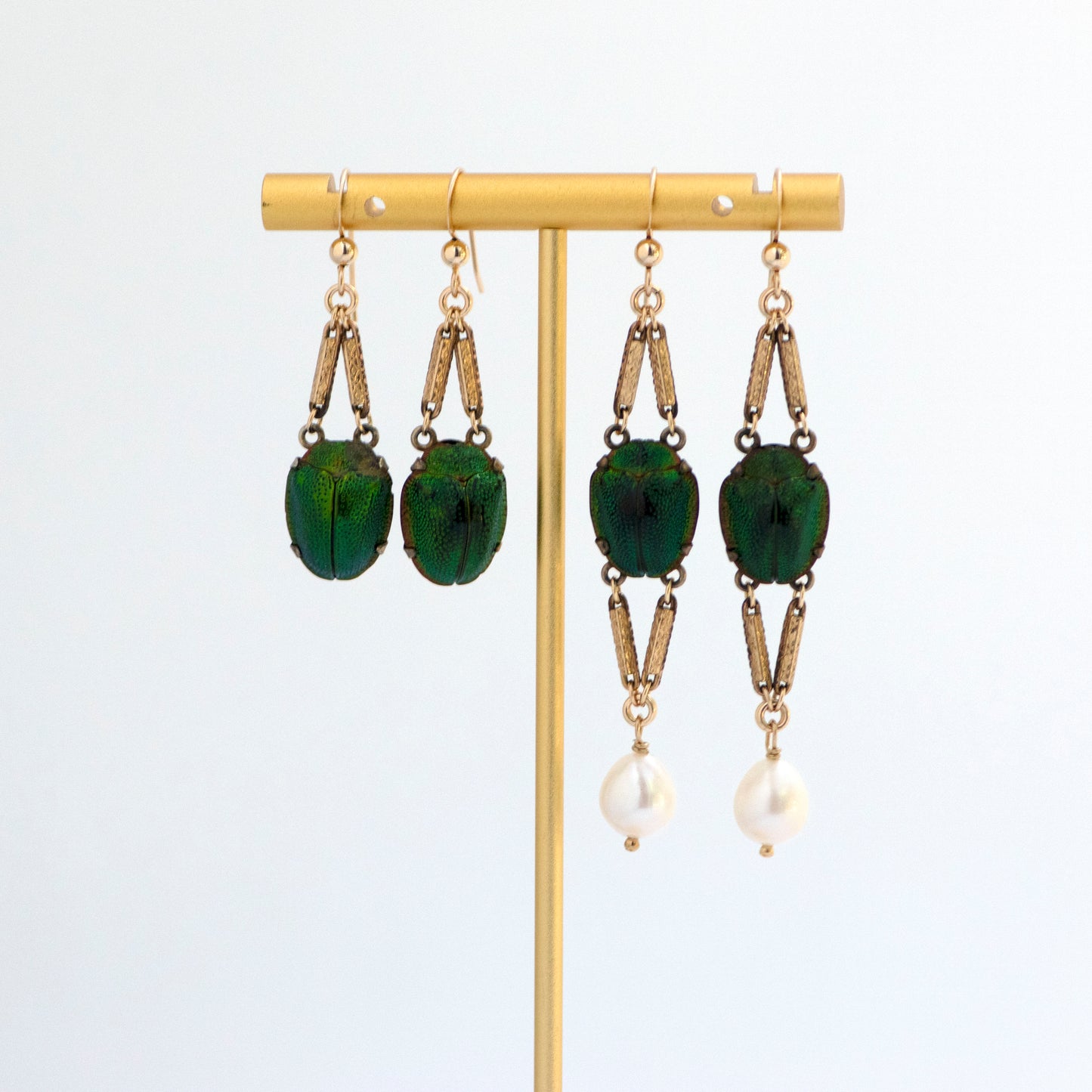 Antique Scarab Beetle Watch Chain Pearl Earrings