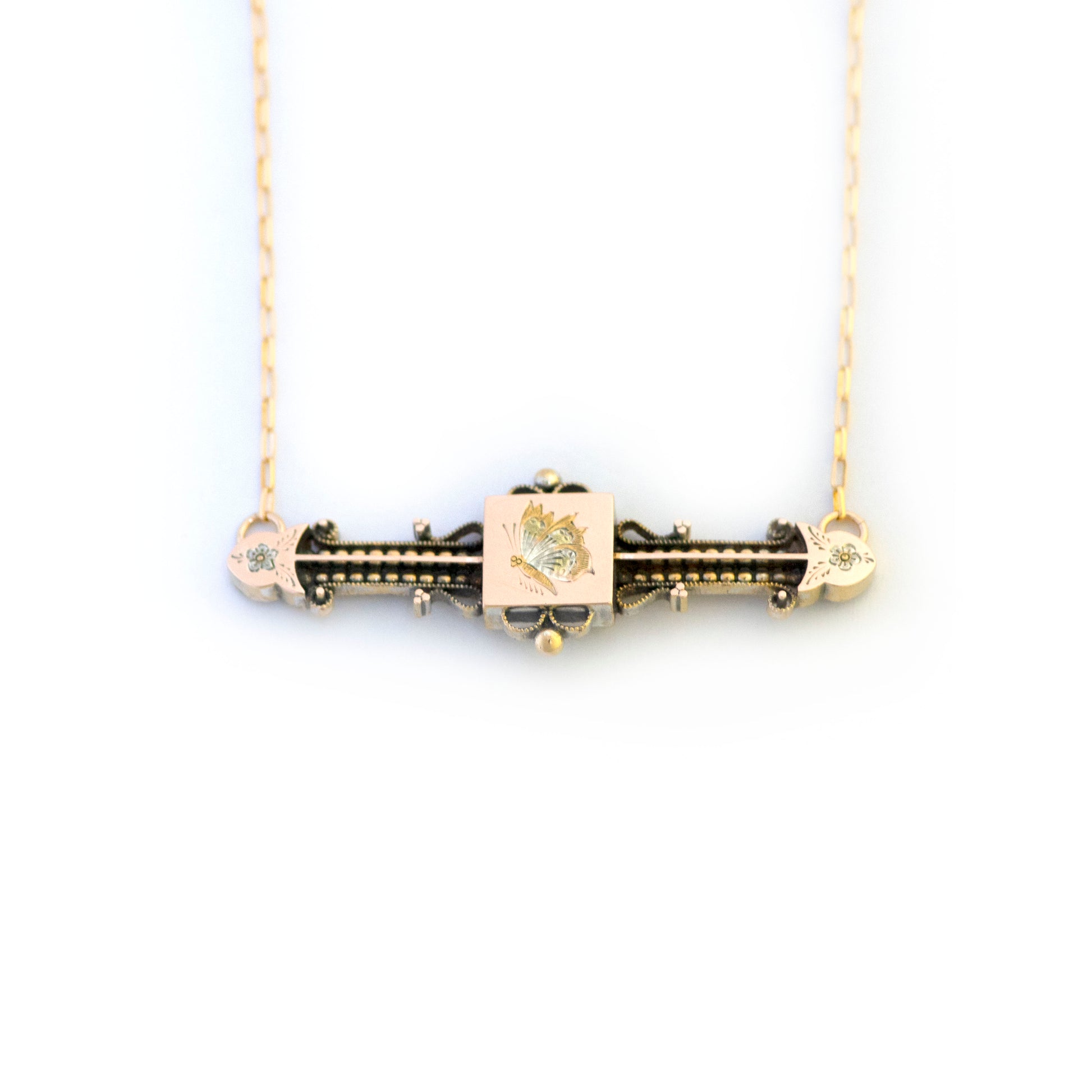 14k Butterfly Forget Me Not Bar Pin Necklace