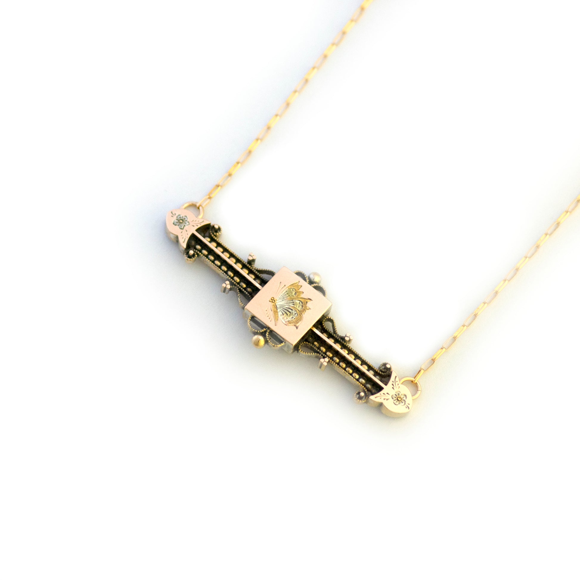 14k Butterfly Forget Me Not Bar Pin Necklace