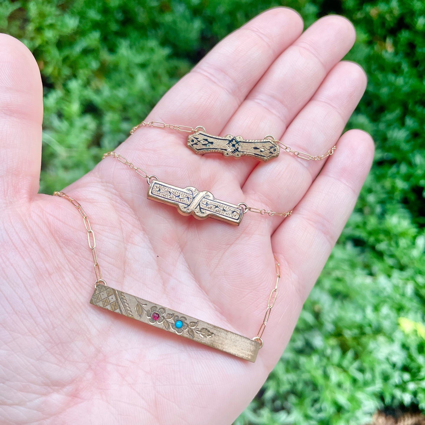 Forget Me Not Flower Red Turquoise Bar Pin Necklace