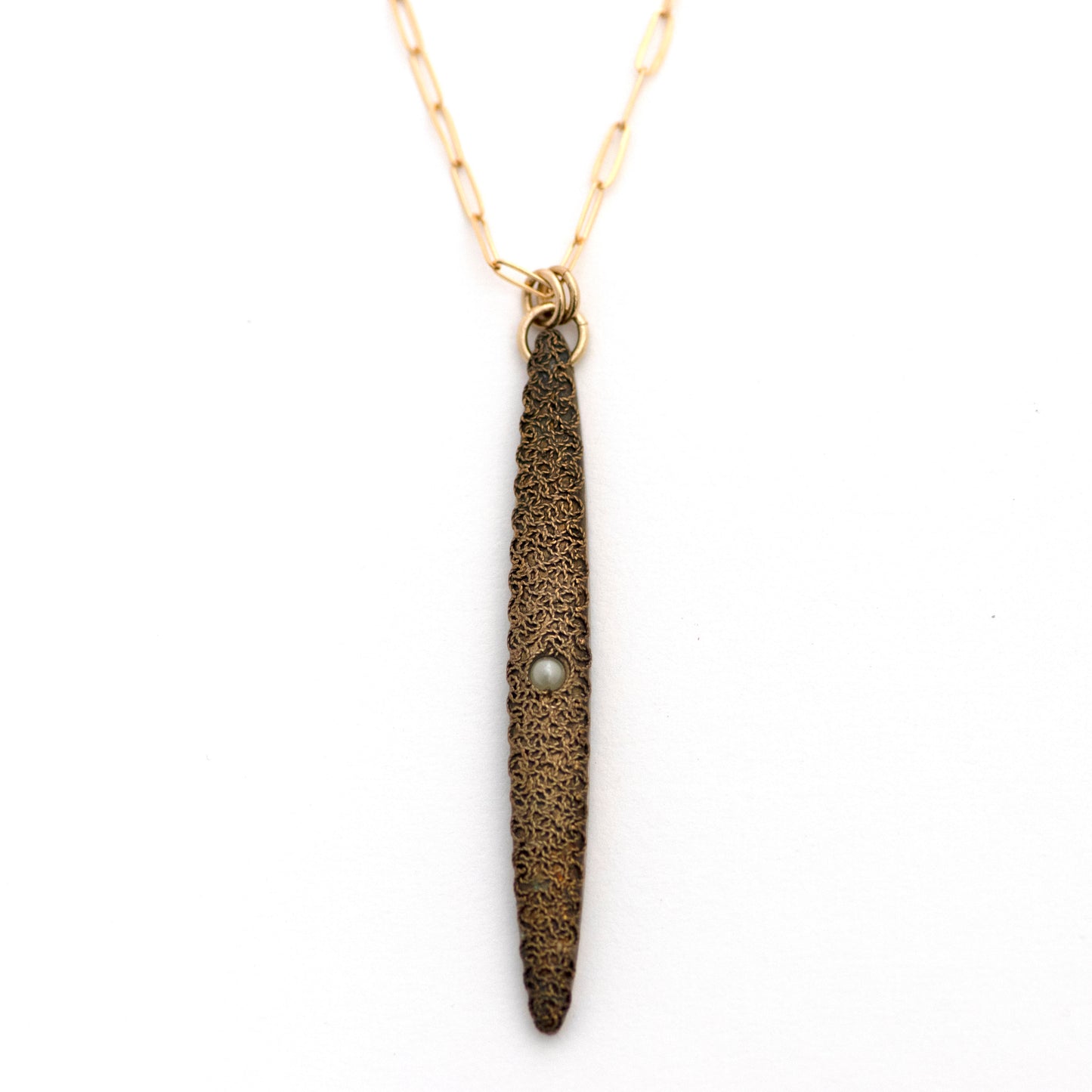 Seed Pearl Filigree Etruscan Revival Vertical Bar Necklace on a 14k yellow gold filled paperclip style chain