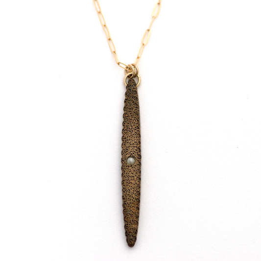 Seed Pearl Filigree Etruscan Revival Vertical Bar Necklace on a 14k yellow gold filled paperclip style chain