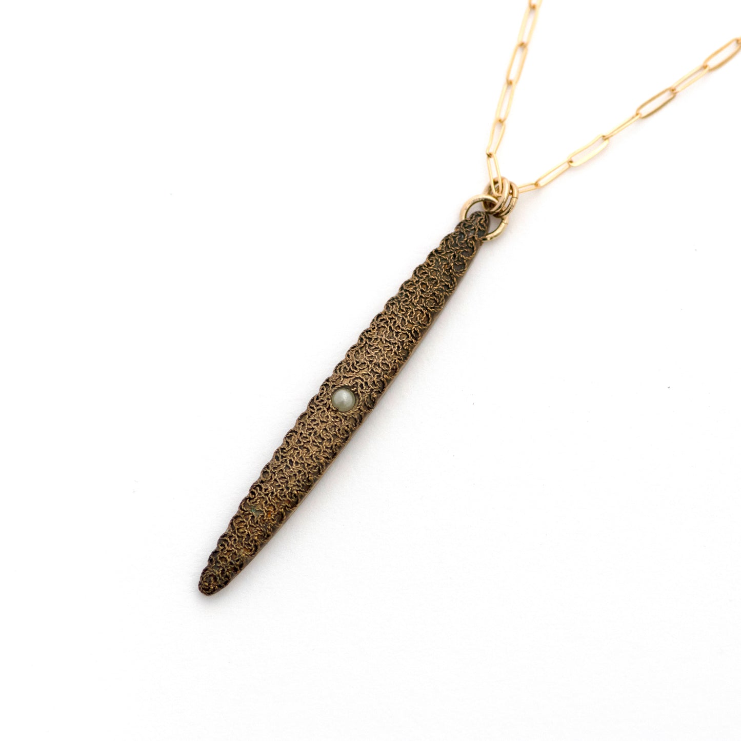 antique victorian Seed Pearl Filigree Etruscan Revival Vertical Bar Necklace on a 14k yellow gold filled paperclip style chain