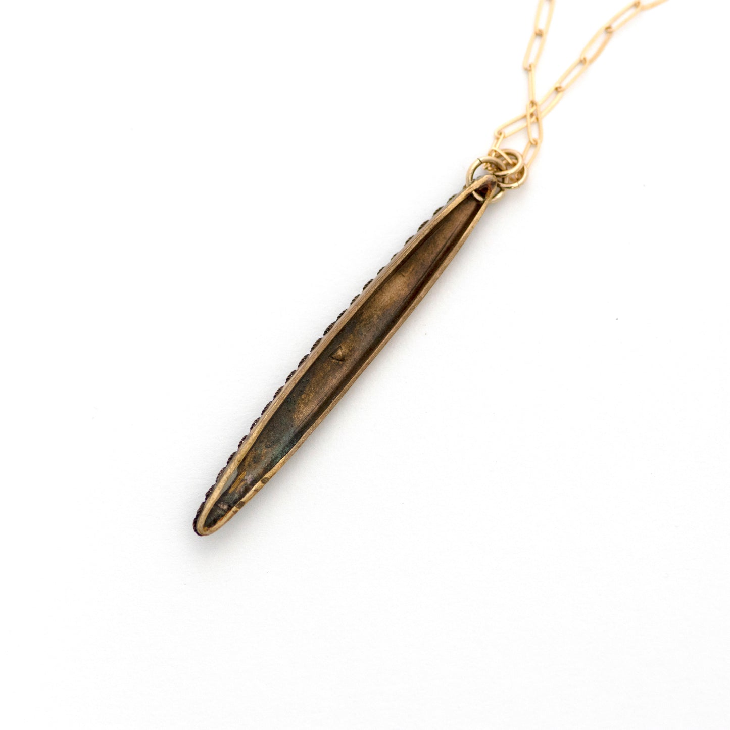 back of antique victorian Seed Pearl Filigree Etruscan Revival Vertical Bar Necklace on a 14k yellow gold filled paperclip style chain