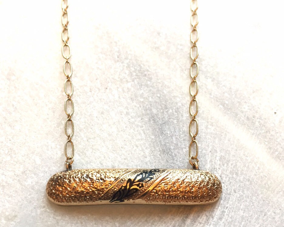 Black Enamel Tracery Bar Pin Necklace