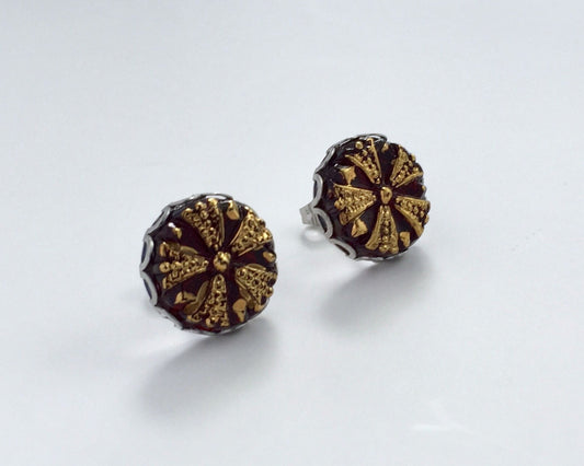 Czech Glass Button Earrings Red and Gold Stud Posts