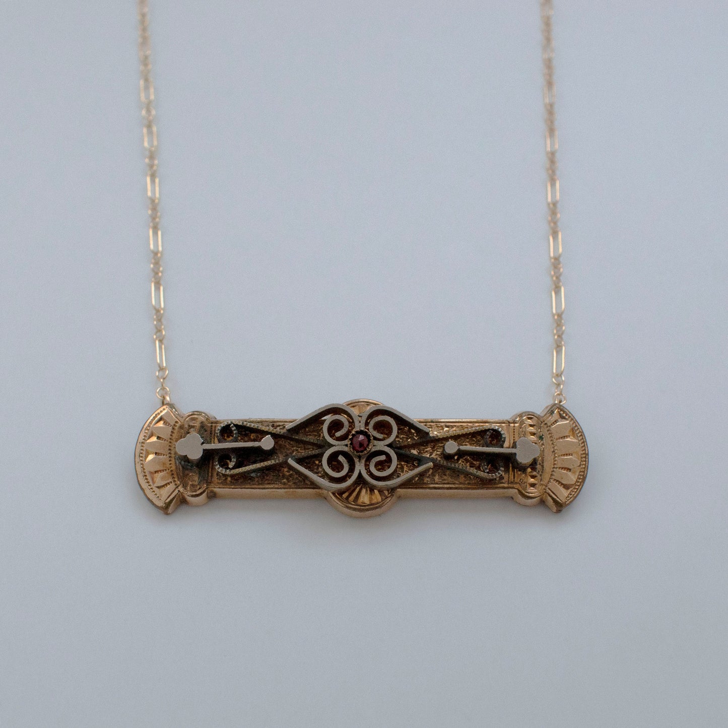 Mixed Metal Red Paste Cabochon Bar Pin Necklace