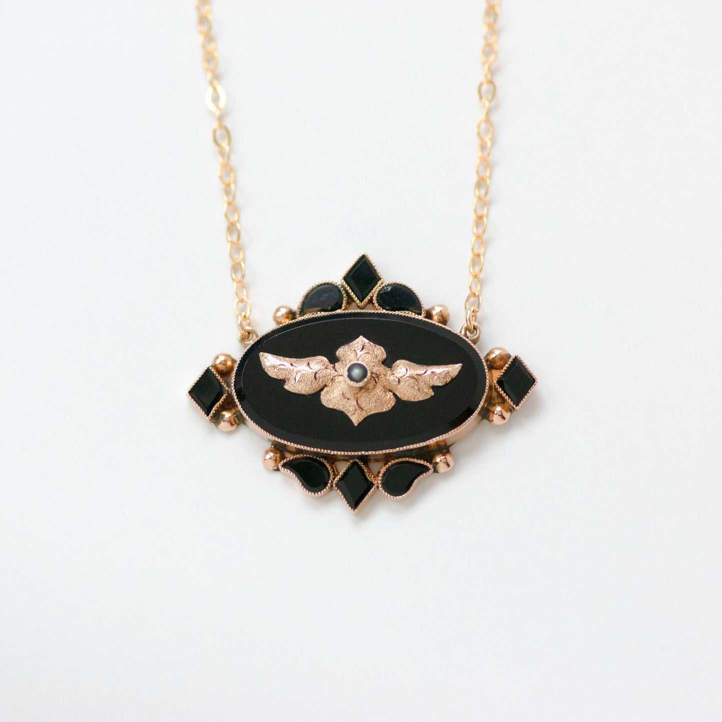 14k Gold Black Onyx Seed Pearl Necklace