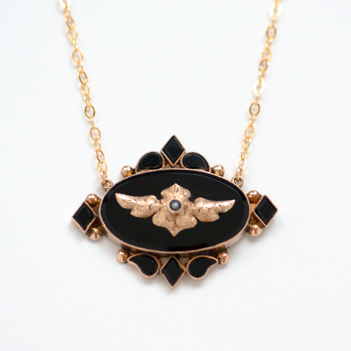 14k Gold Black Onyx Seed Pearl Necklace