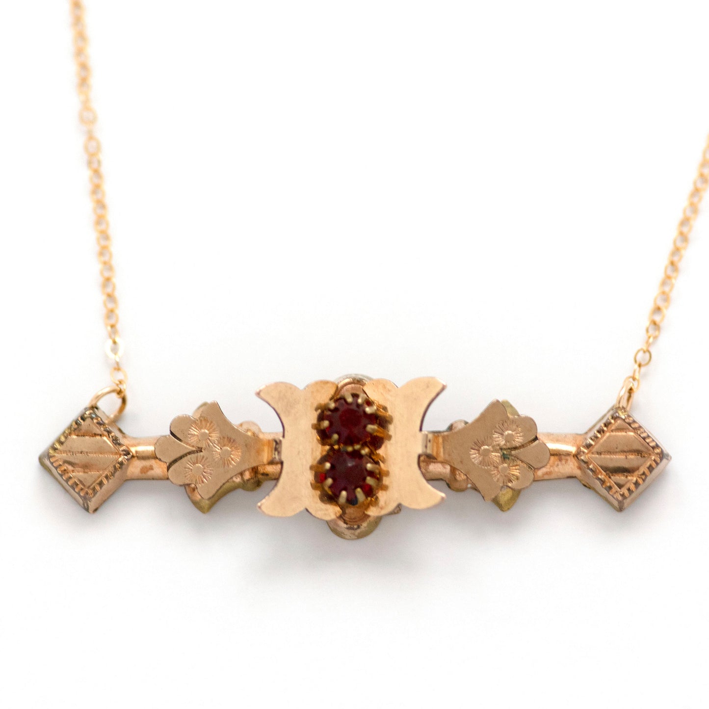 gold filled antique victorian bar pin necklace with red paste rhinestones