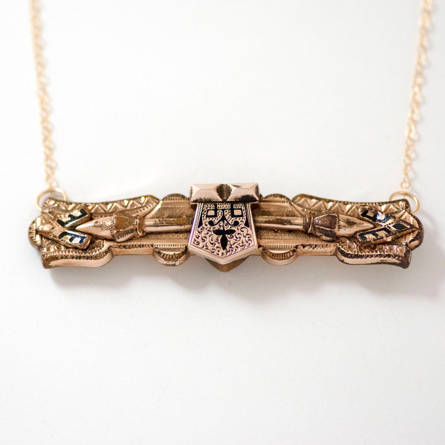 Antique Taille d'Epargne Shield and Spear Bar Pin Necklace