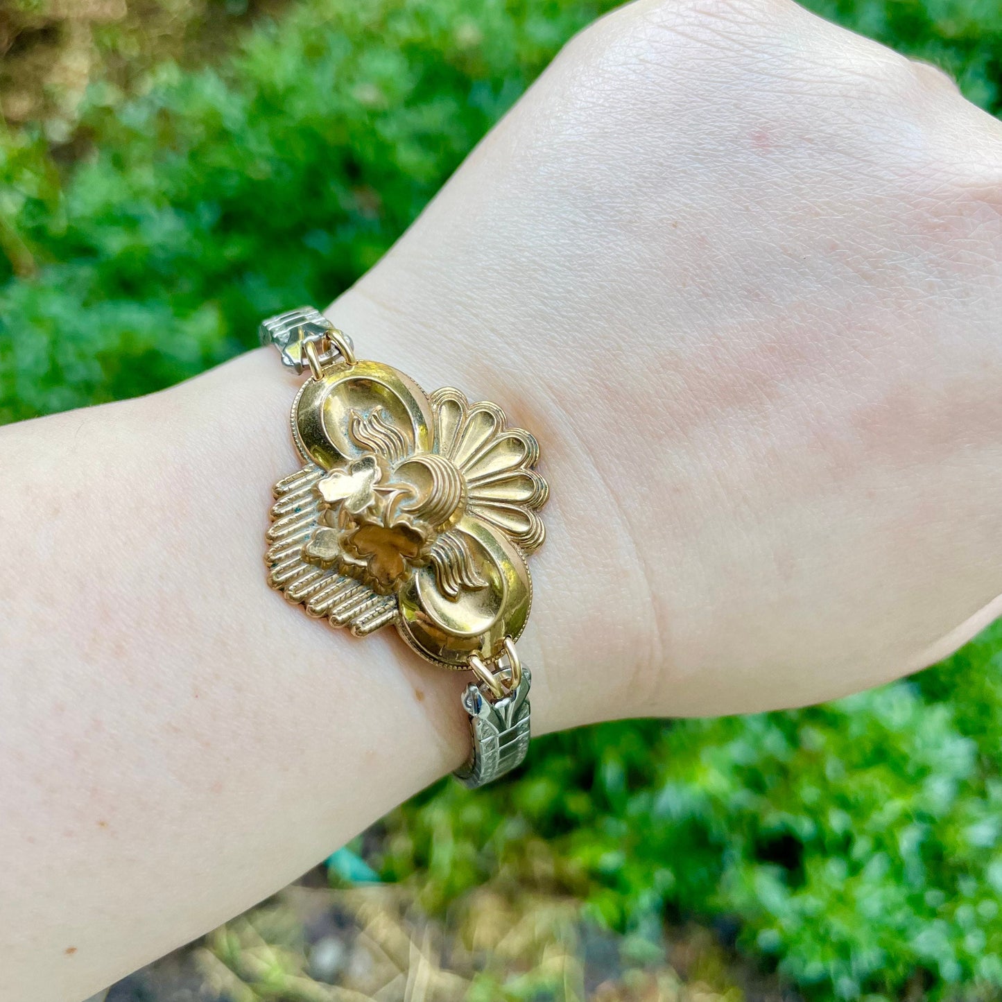 Repurposed Assymetric Brooch Bracelet with Leaves