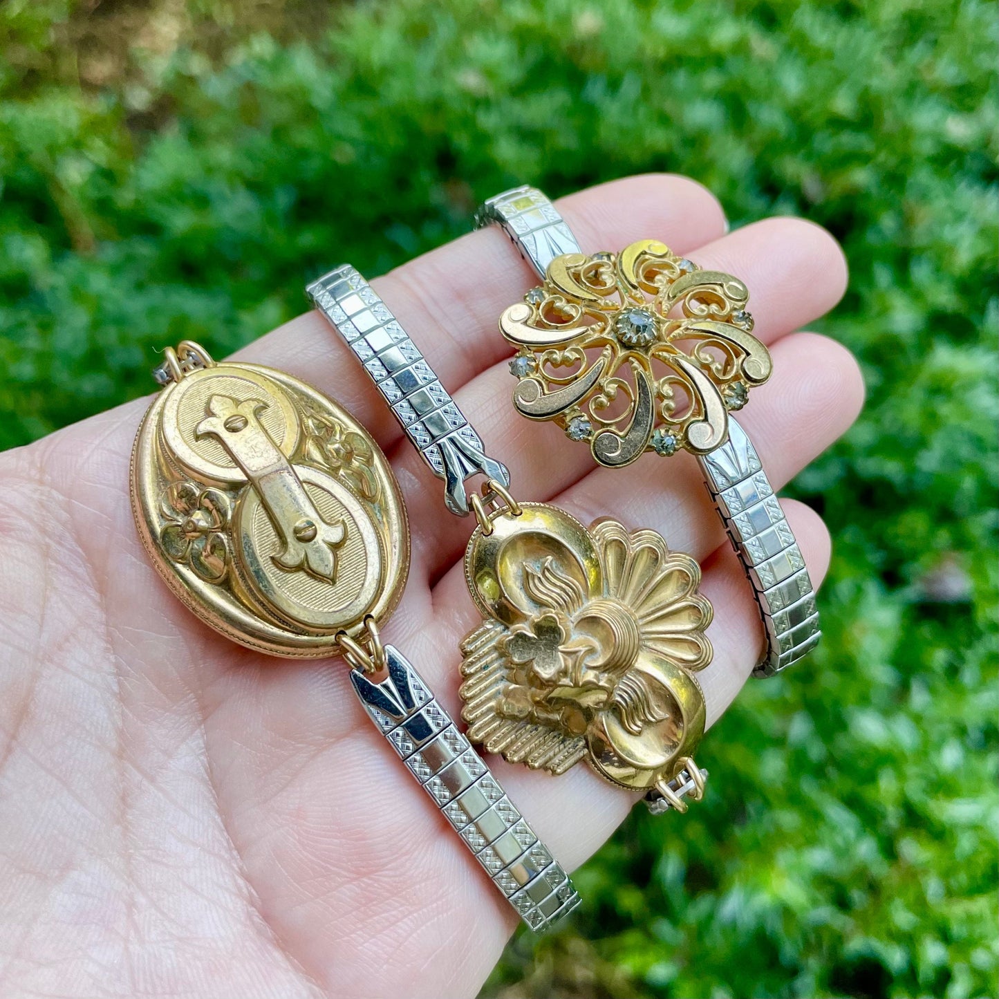 Repurposed Assymetric Brooch Bracelet with Leaves