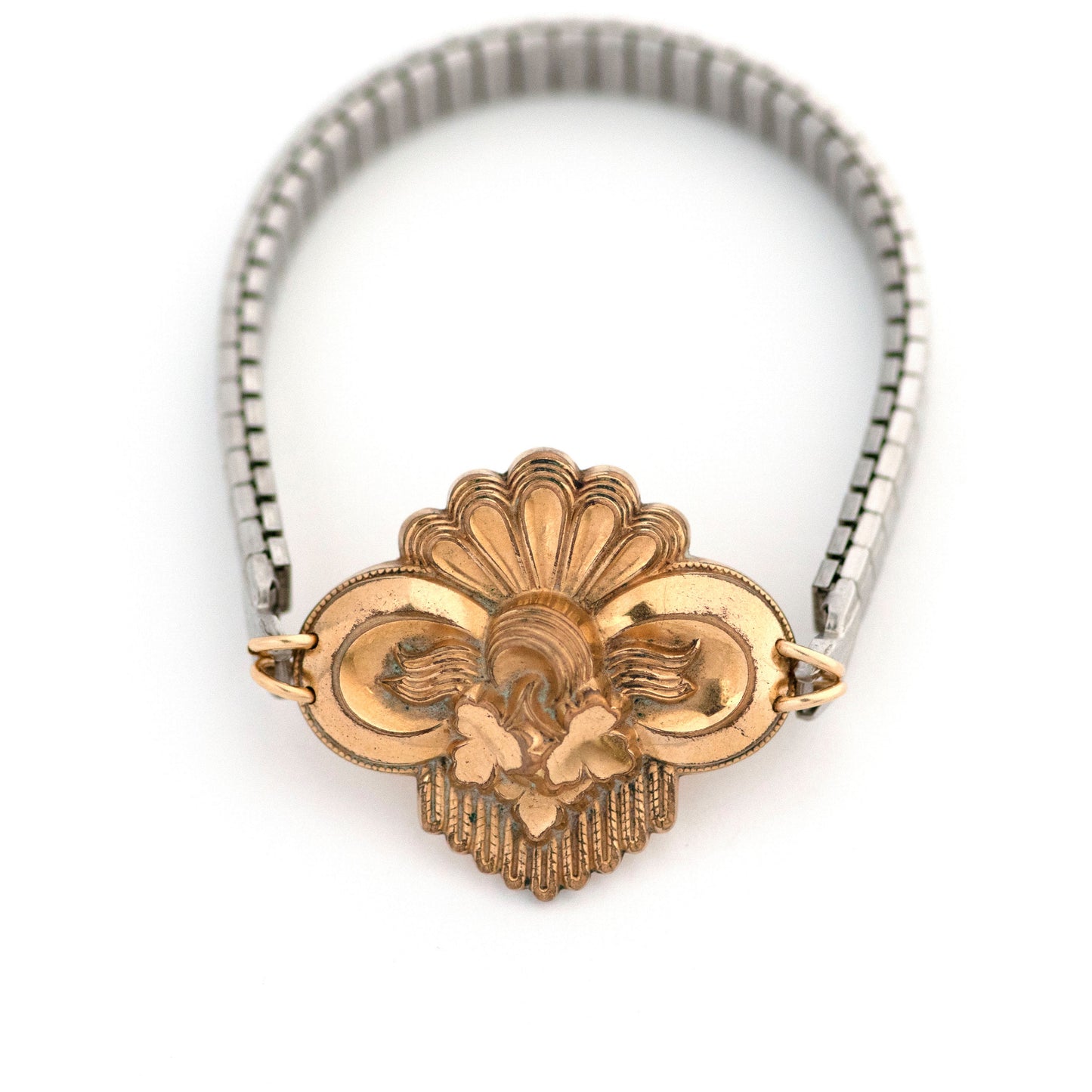 Repurposed Assymetric Brooch Bracelet with Leaves