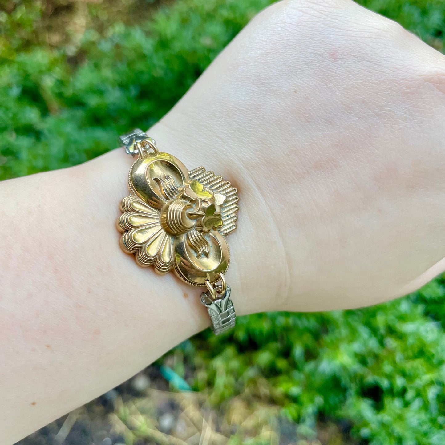 Repurposed Assymetric Brooch Bracelet with Leaves