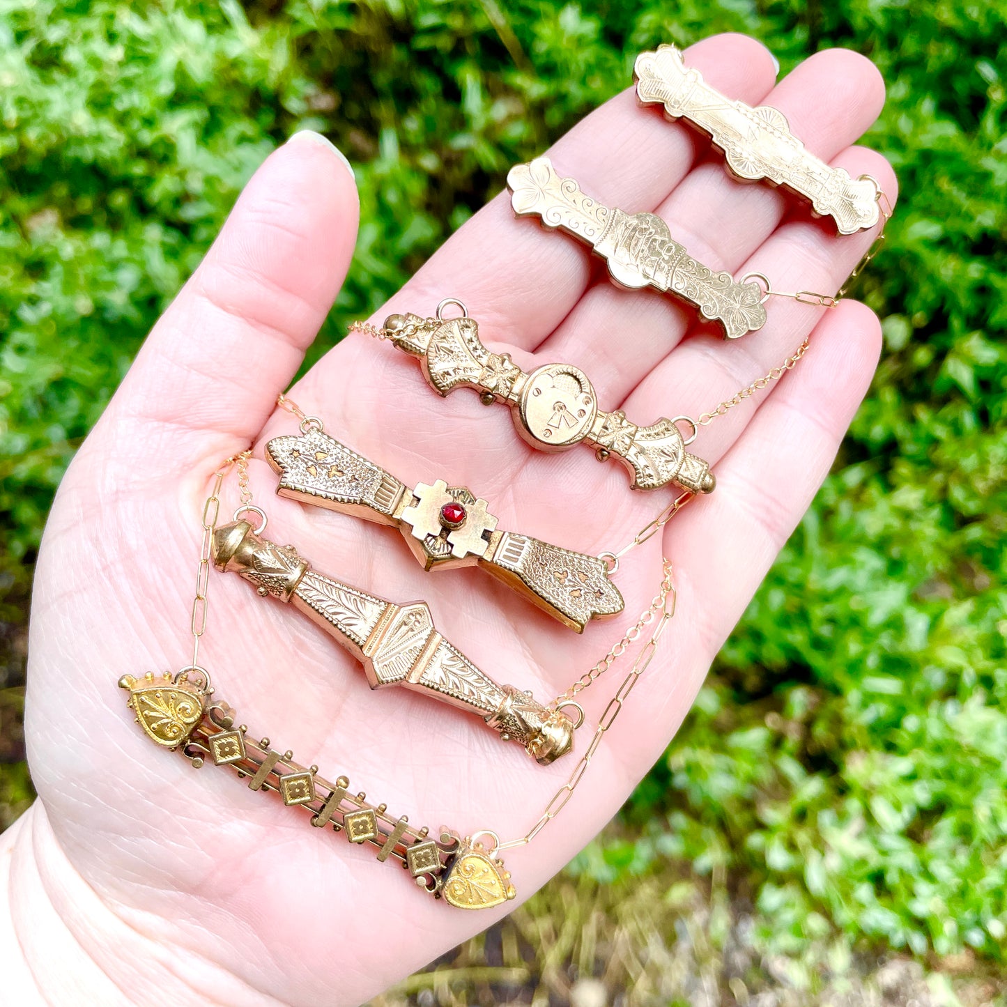 Flower and Fronds Antique Bar Necklace