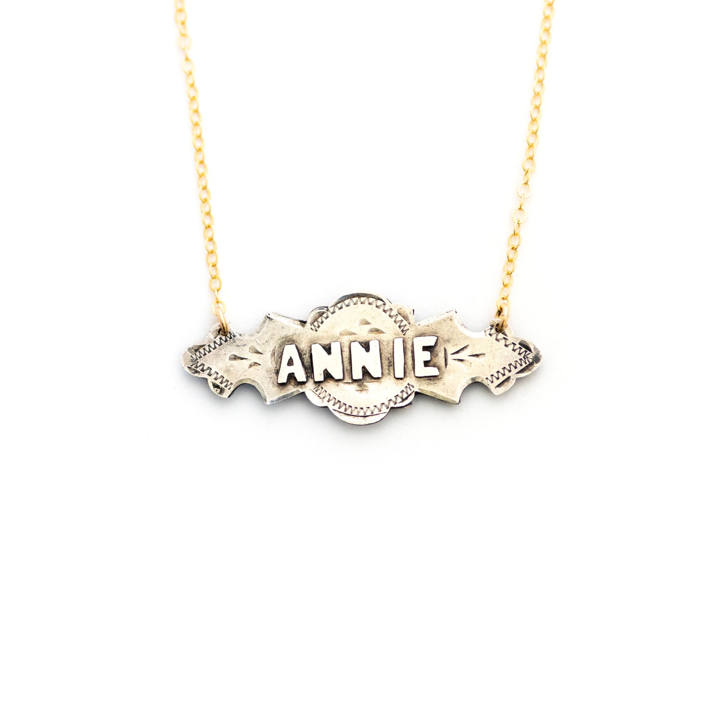 This one-of-a-kind conversion necklace is made up of:  Sterling silver Edwardian bar pin pendant from the early 1900s with hand engraved details and the name "ANNIE". 