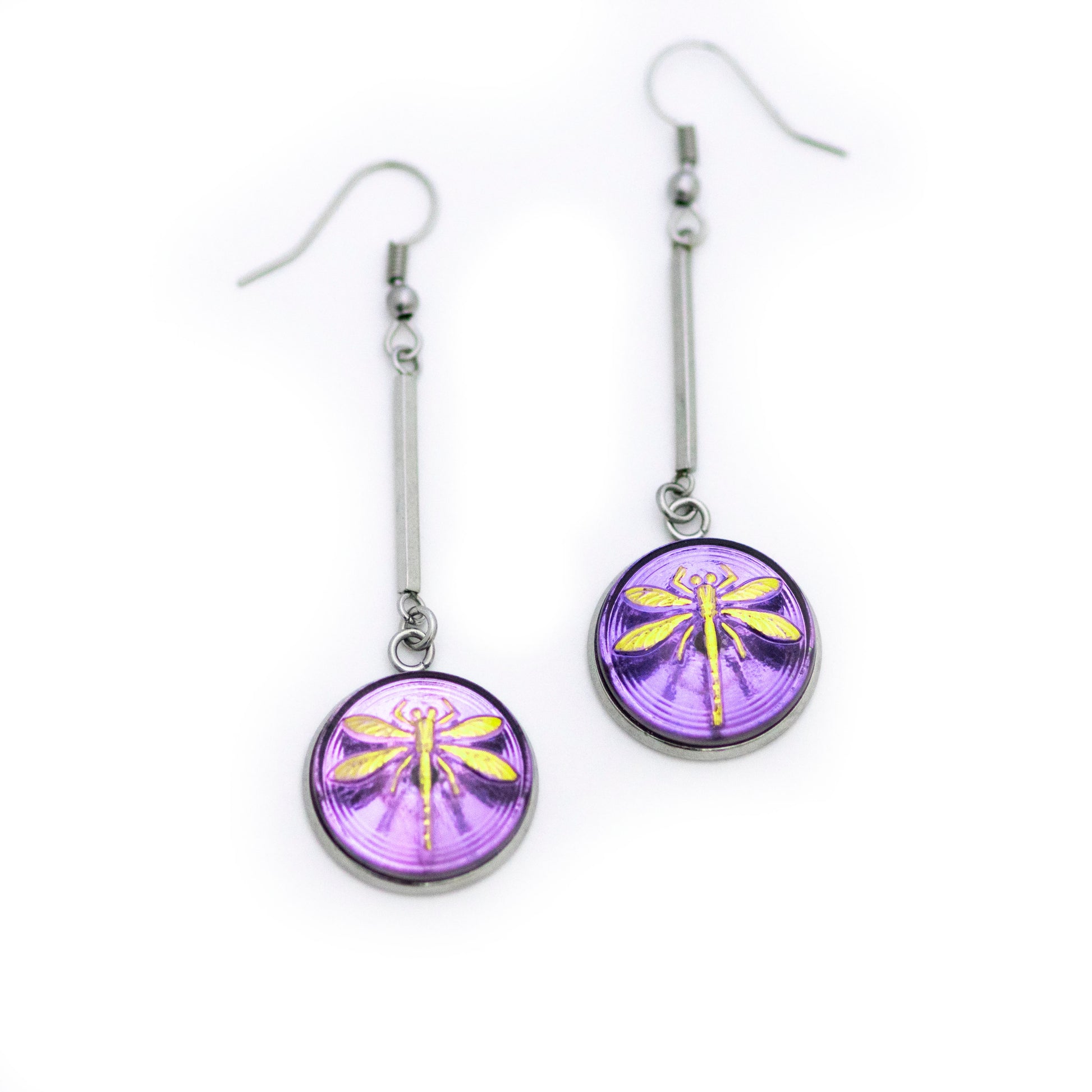 Purple and gold dragonfly buttons Czech glass button drop dangle earrings.