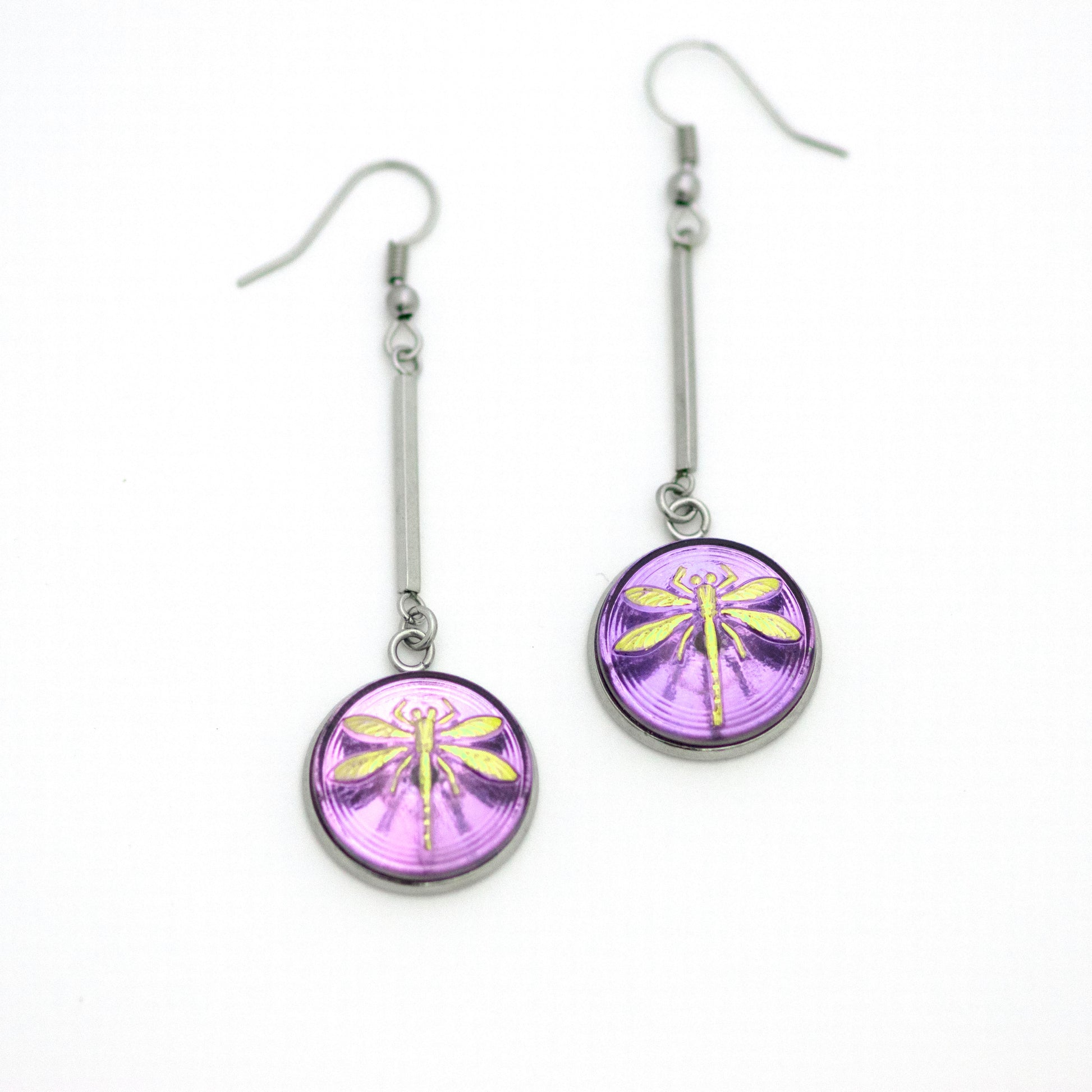 Purple and gold dragonfly buttons Czech glass button drop dangle earrings.