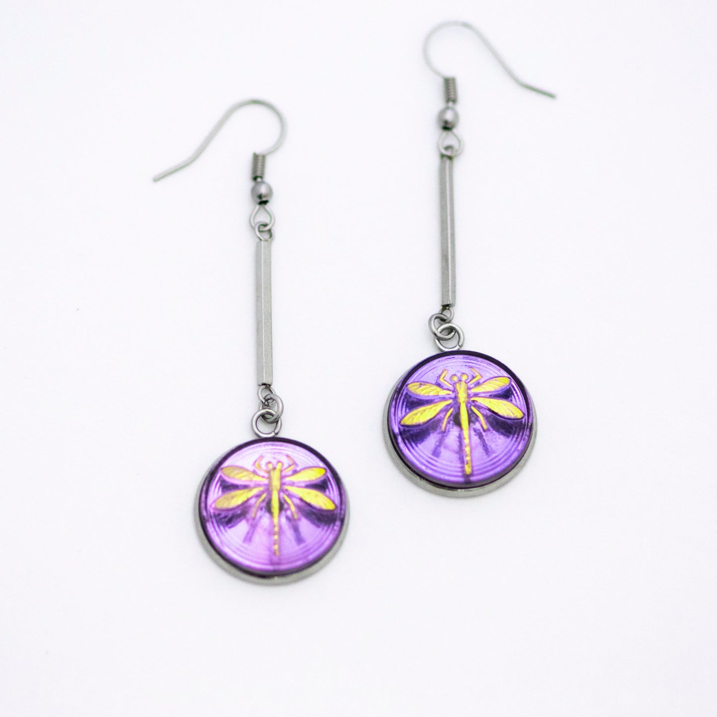 Purple and gold dragonfly buttons Czech glass button drop dangle earrings.