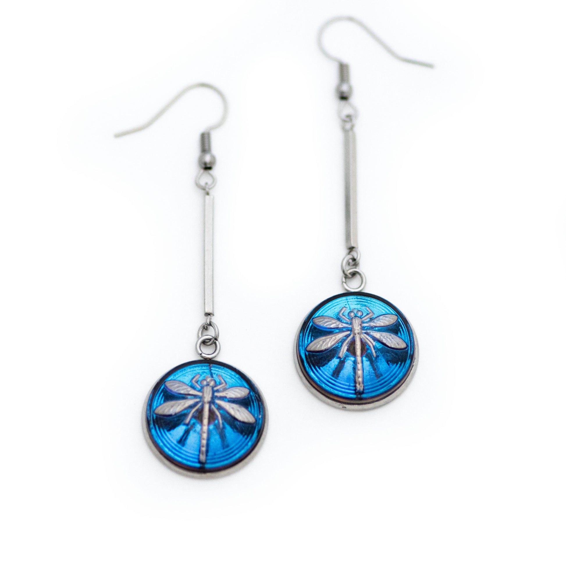 Blue and platinum painted Czech glass button drop dangle earrings.