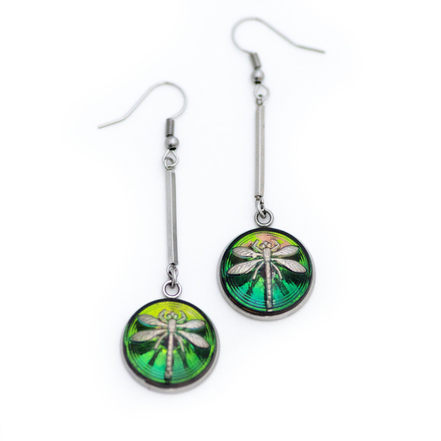 Green and platinum painted Czech glass buttons drop dangle earrings.
