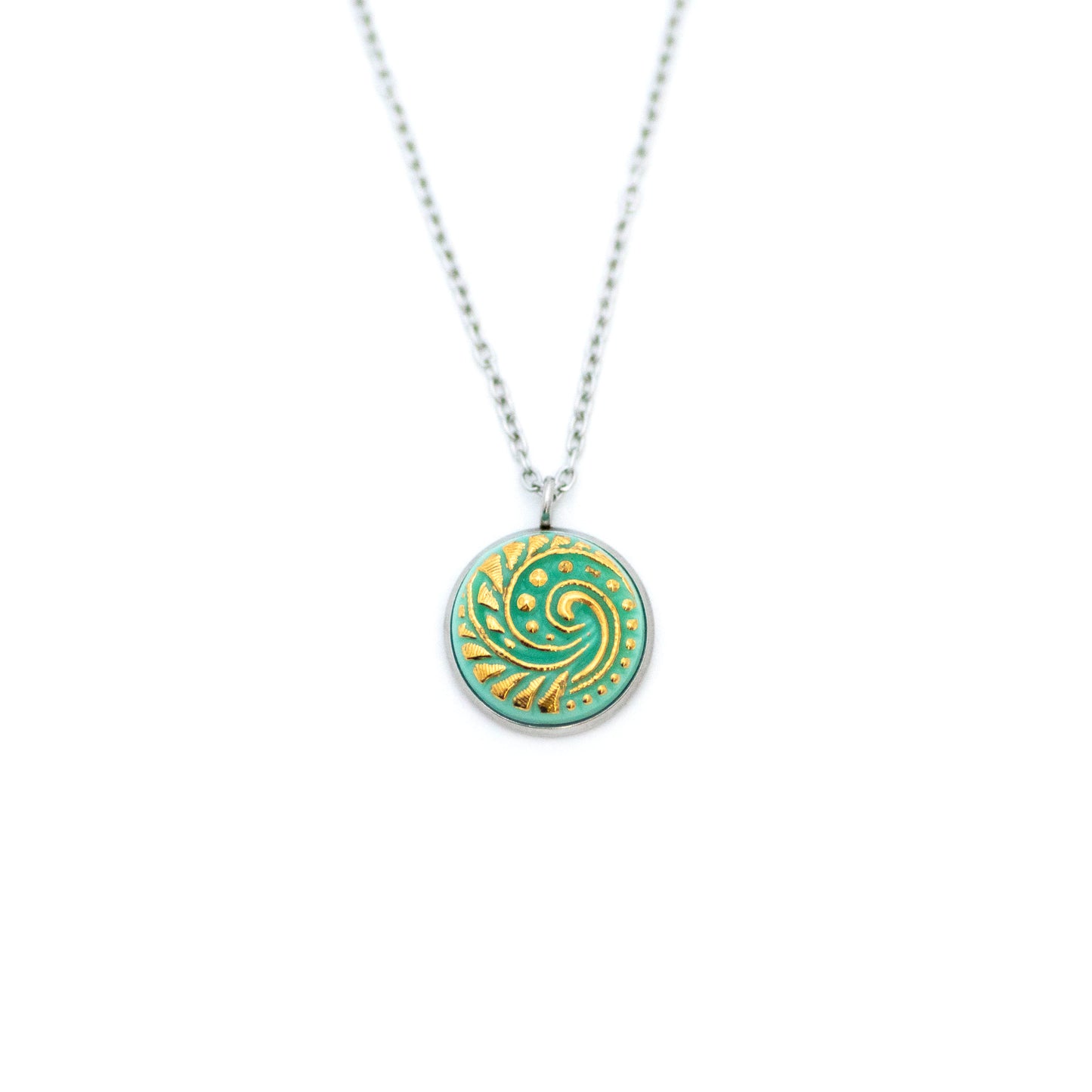 Czech Glass Button Necklace - Light Turquoise Ocean Swirl Uranium Glass