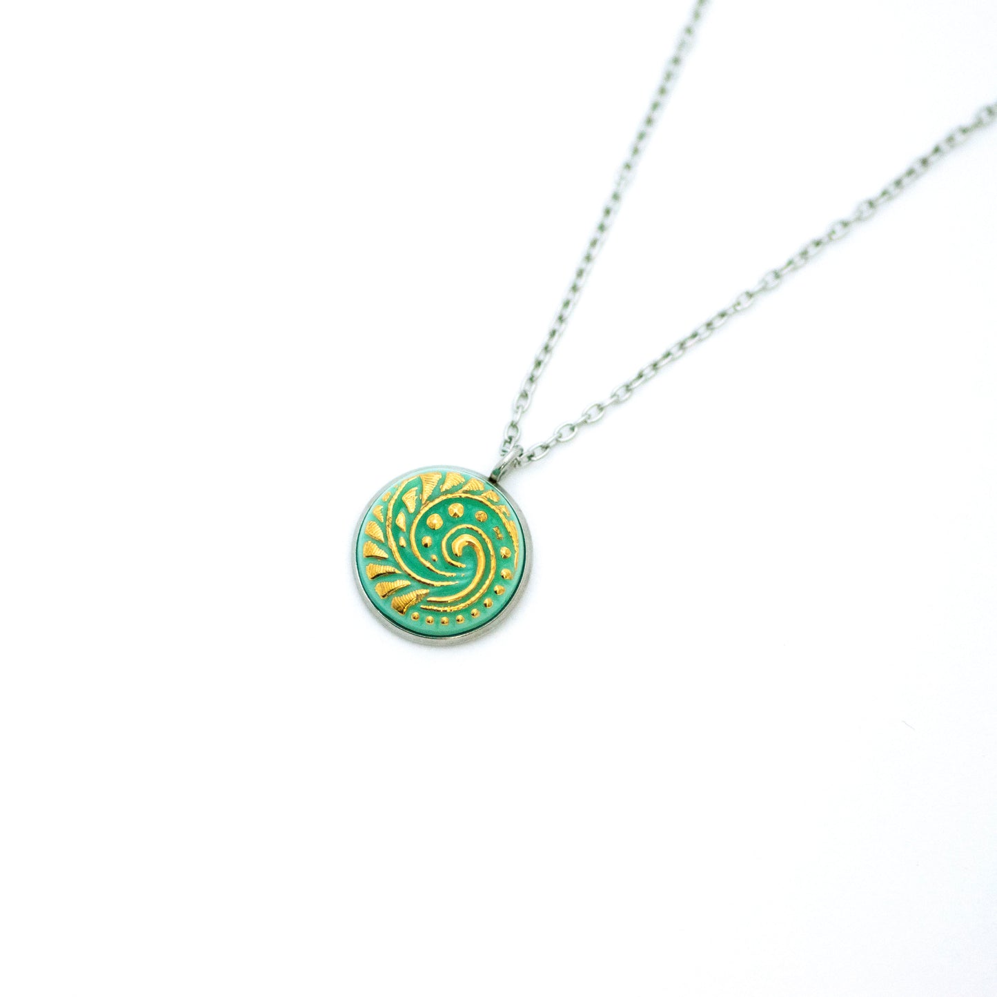 Czech Glass Button Necklace - Light Turquoise Ocean Swirl Uranium Glass