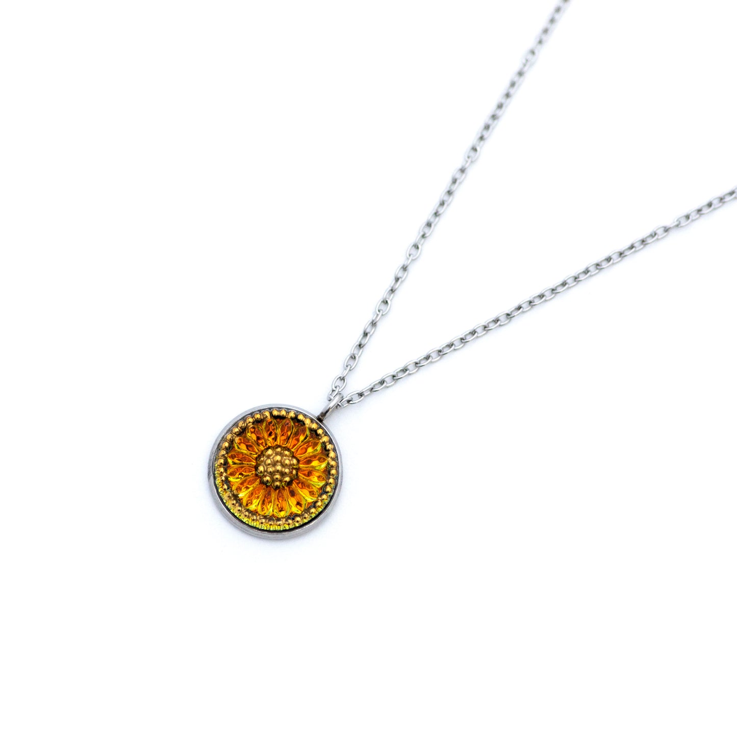 Orange, yellow and gold painted Czech glass citrus sunflower button. Button pendant necklace.