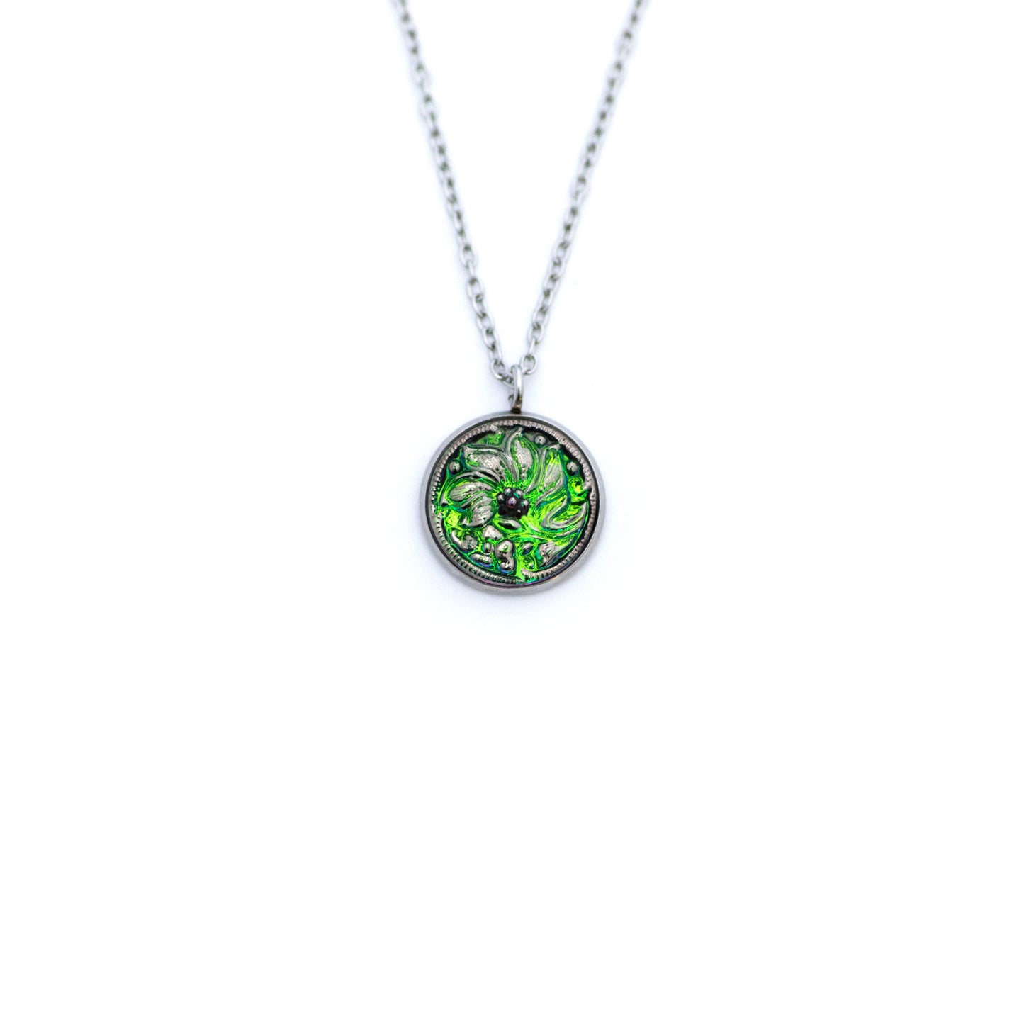 Green and silver platinum painted Czech glass button with lily lotus flower. Button pendant necklace.