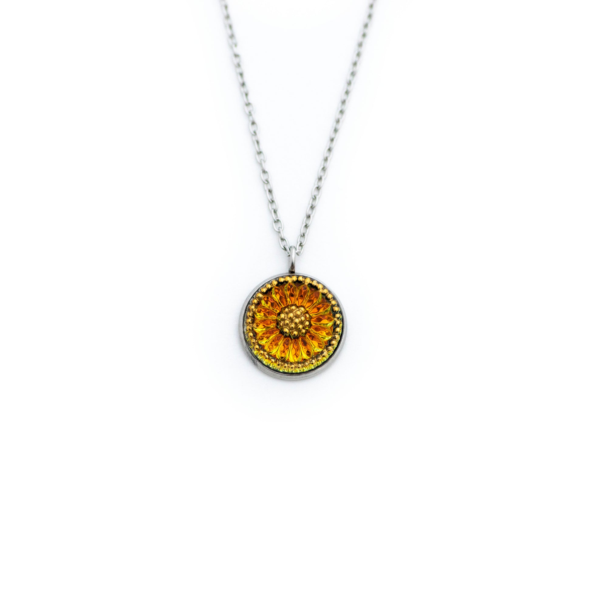 Orange, yellow and gold painted Czech glass citrus sunflower button. Button pendant necklace.