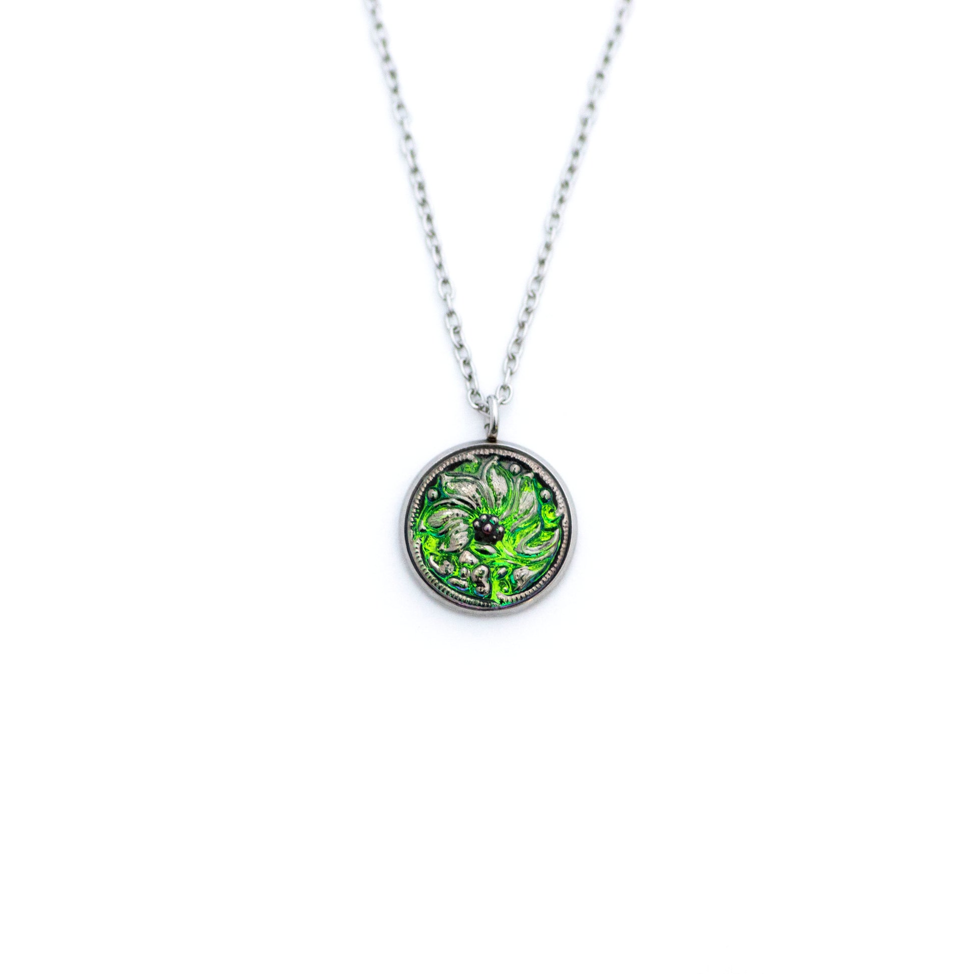 Green and silver platinum painted Czech glass button with lily lotus flower. Button pendant necklace.
