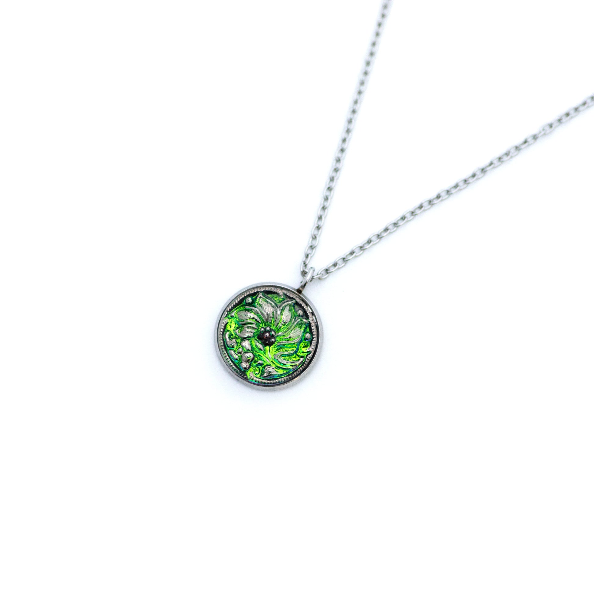 Green and silver platinum painted Czech glass button with lily lotus flower. Button pendant necklace.