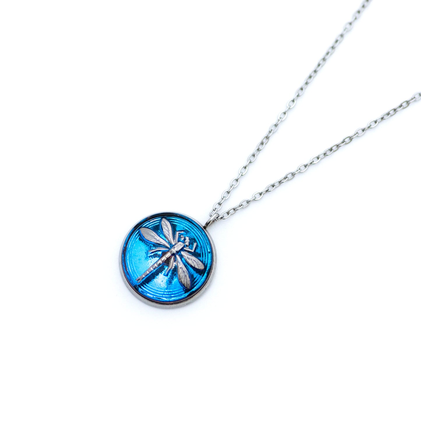 Czech Glass Button Necklace - Blue & Silver Dragonfly