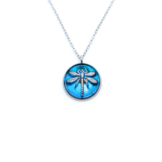 Czech Glass Button Necklace - Blue & Silver Dragonfly