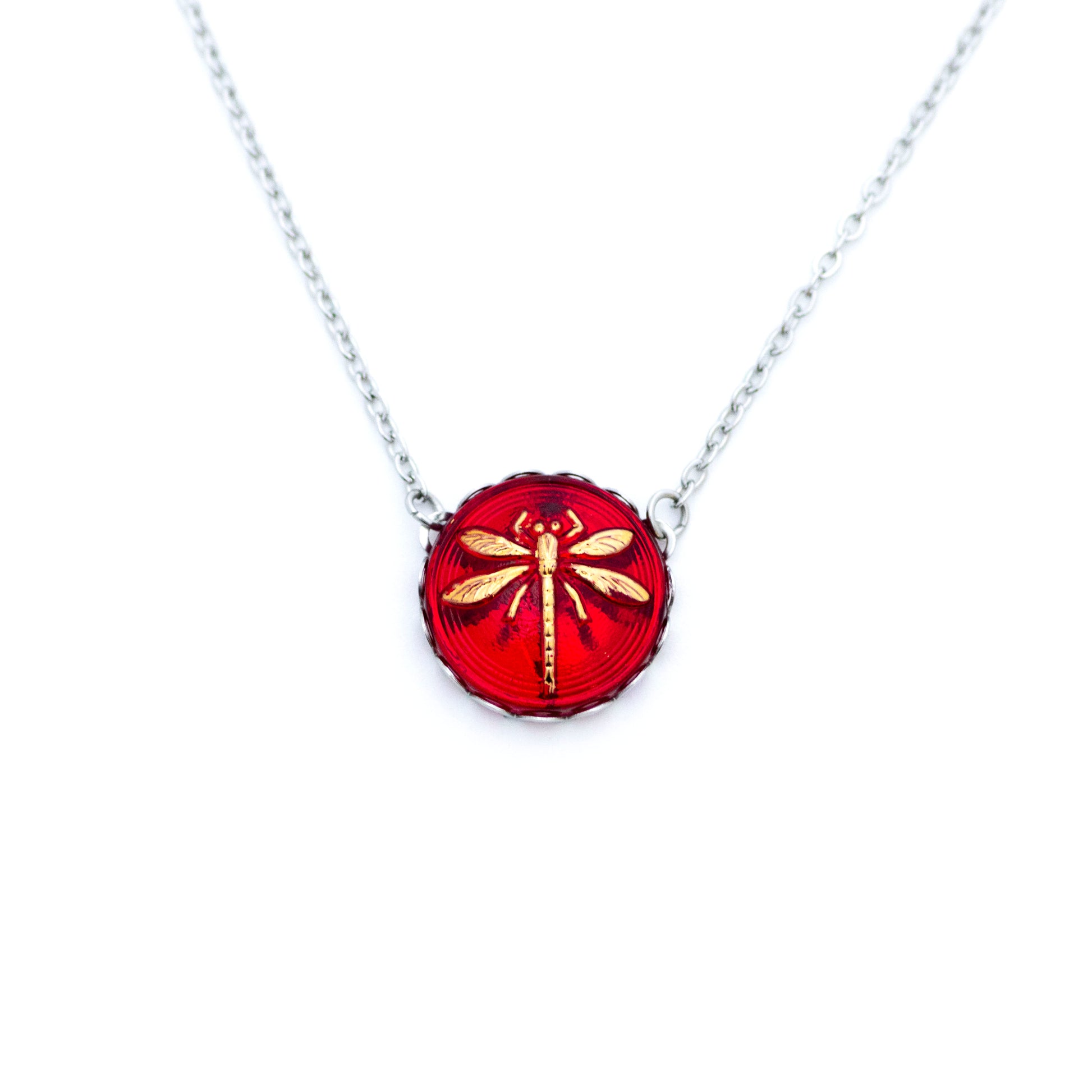 Red and 24k gold painted dragonfly art glass button. Button pendant necklace.