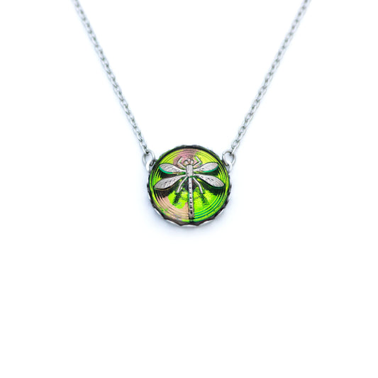 Green and silver platinum painted dragonfly Czech glass button. Button pendant necklace.