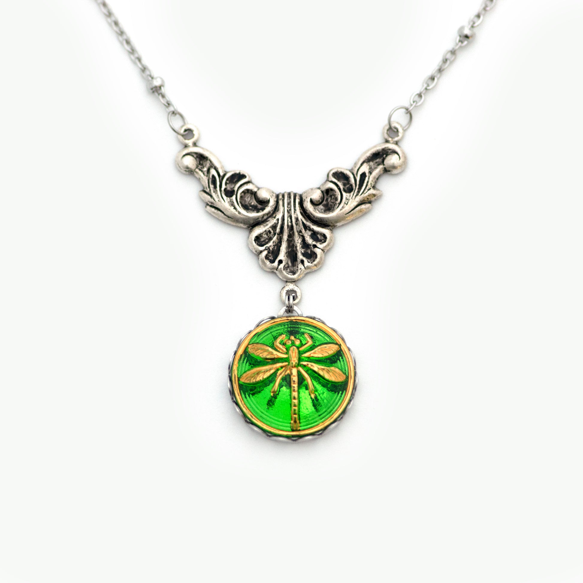 Green and gold painted dragonfly Czech glass button. Button pendant necklace.