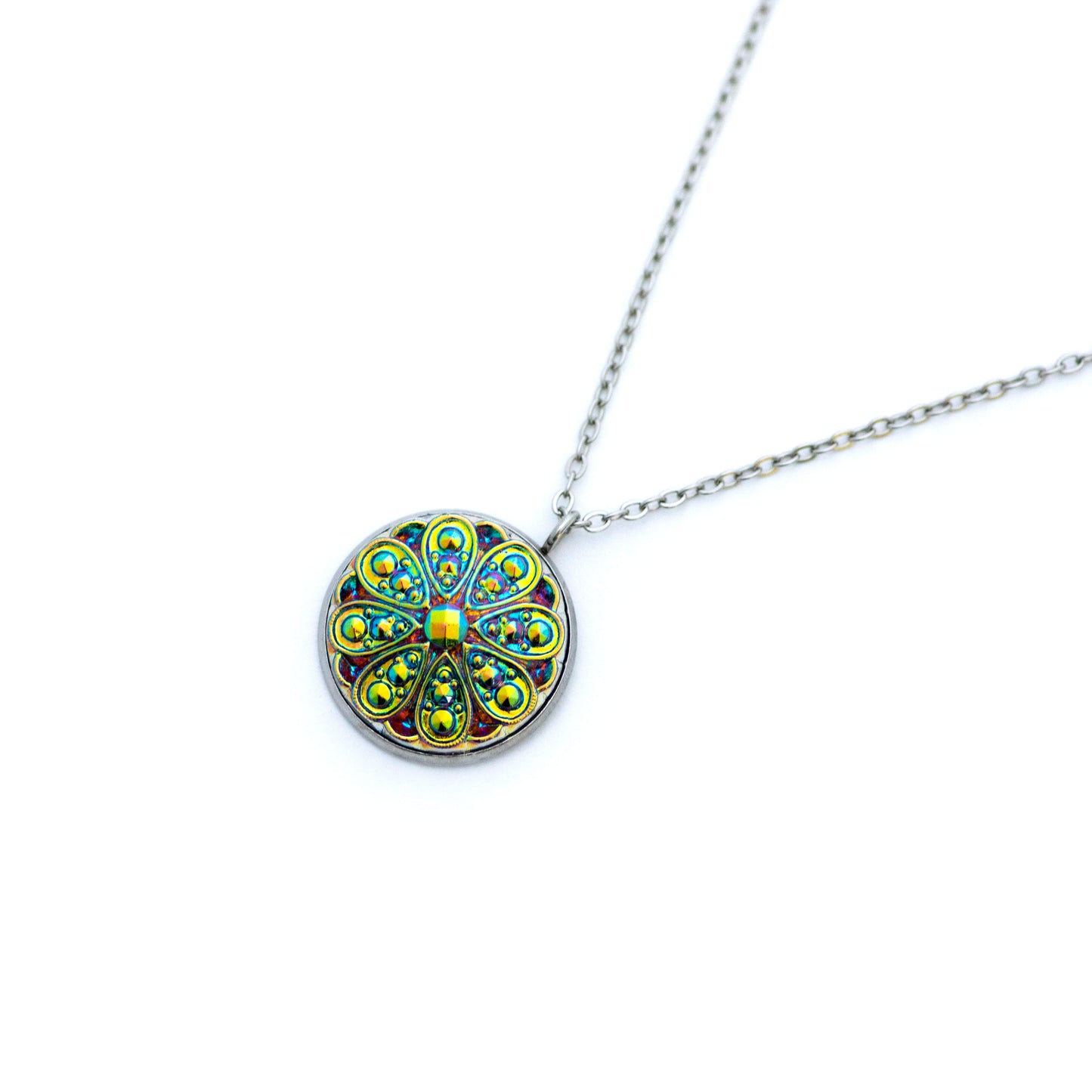 Czech Glass Button Necklace - Blue Green Yellow Iridescent 8 Petals