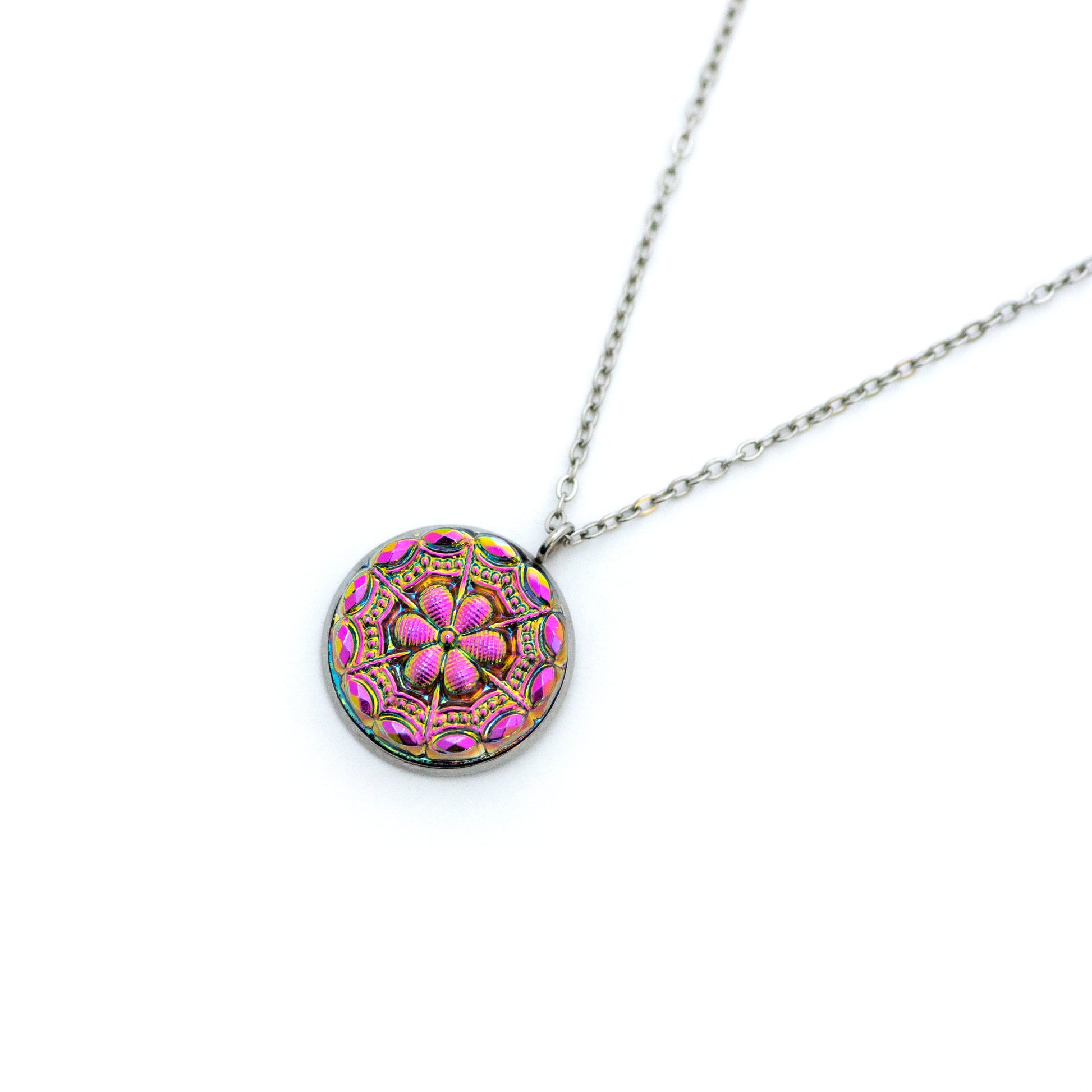 Flashy iridescent pink and green Czech glass button. Button pendant necklace.